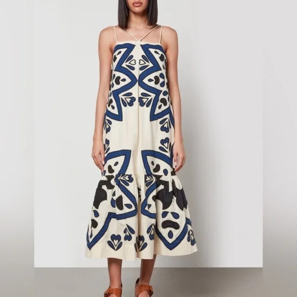 Sea Blue and White Spaghetti Strap Sundress Midi